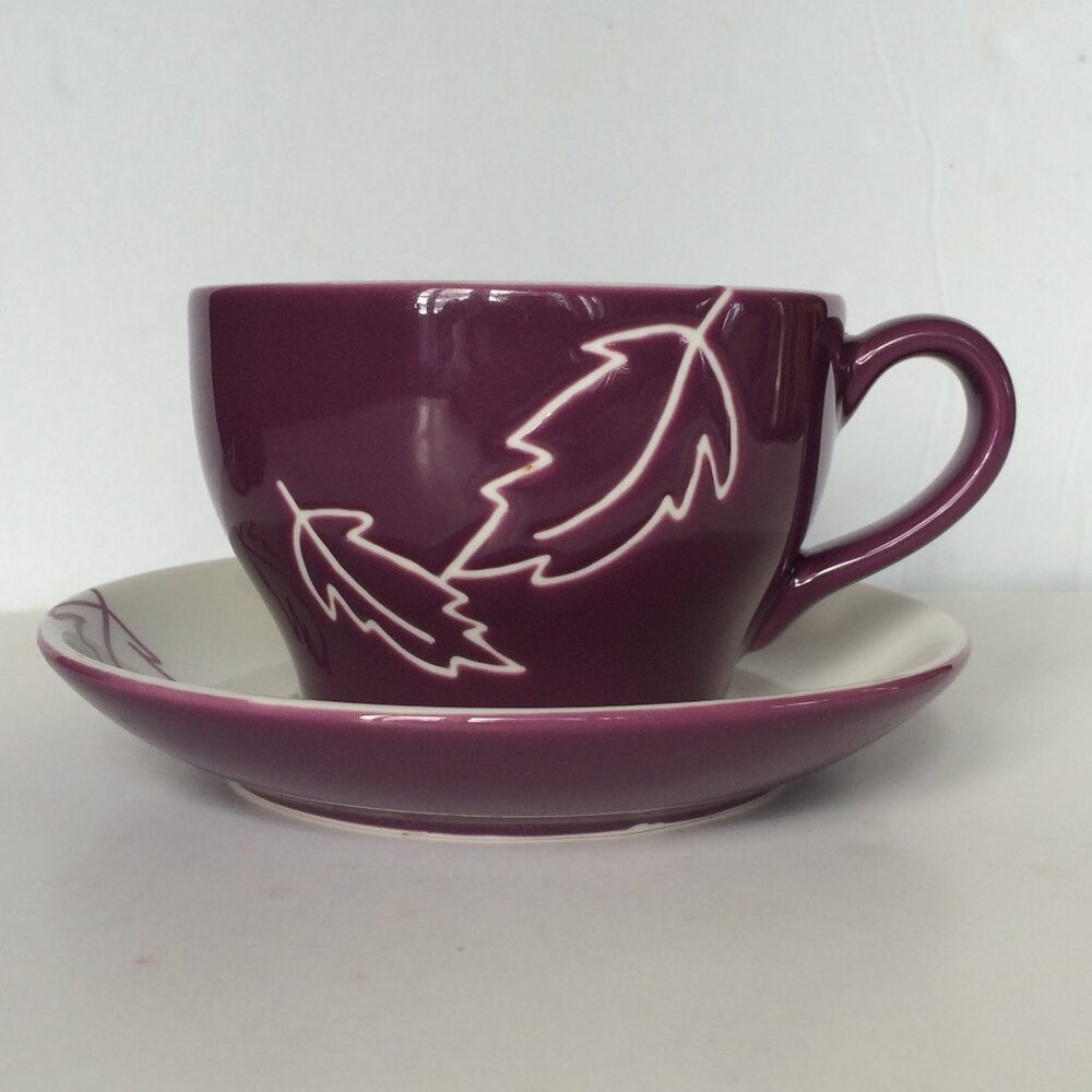 Starbucks 2007 Coffee Tea Mug Cup Saucer Set Purple White Leaf 10 oz